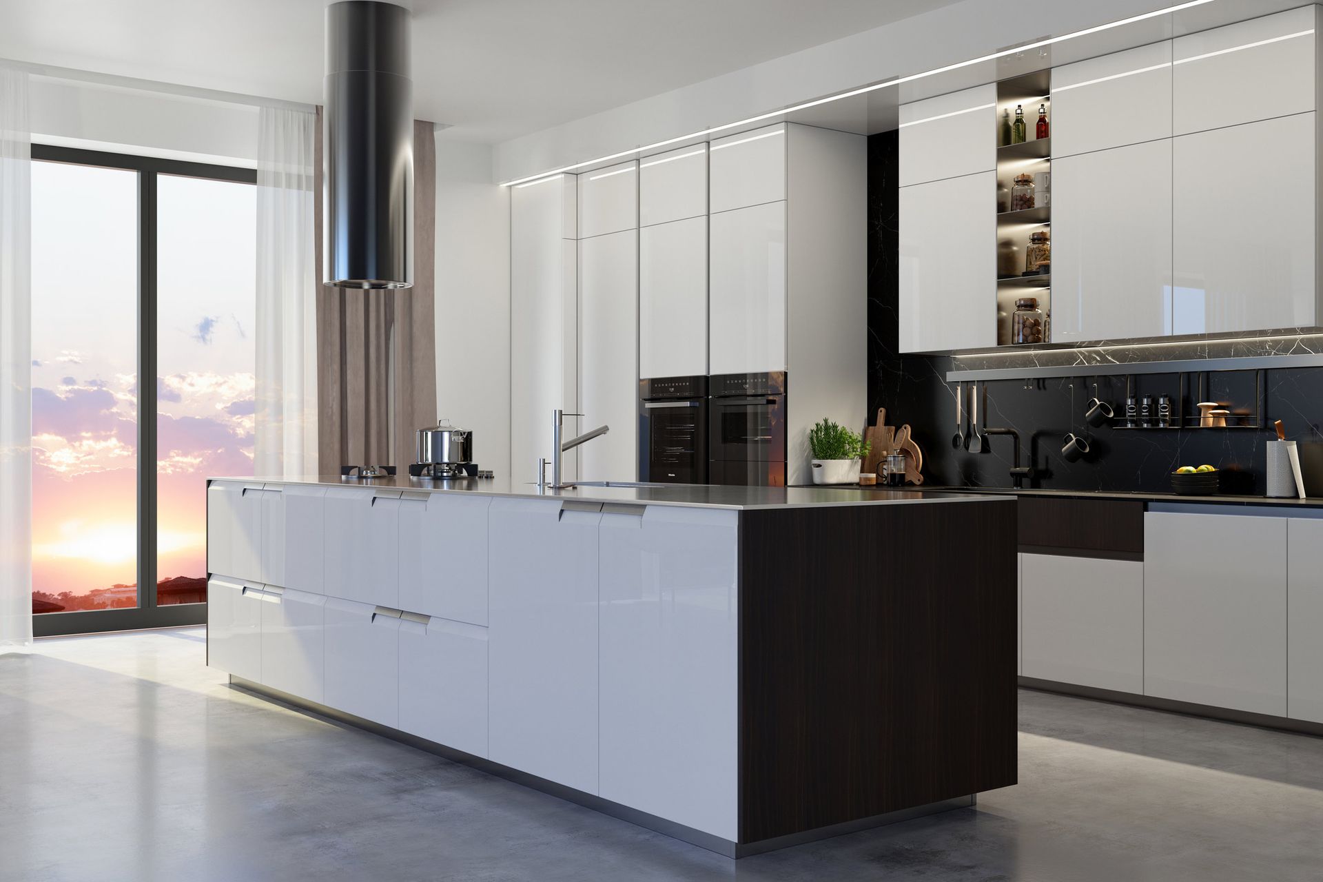 A modern kitchen with white cabinets and a large island | Miami, FL
