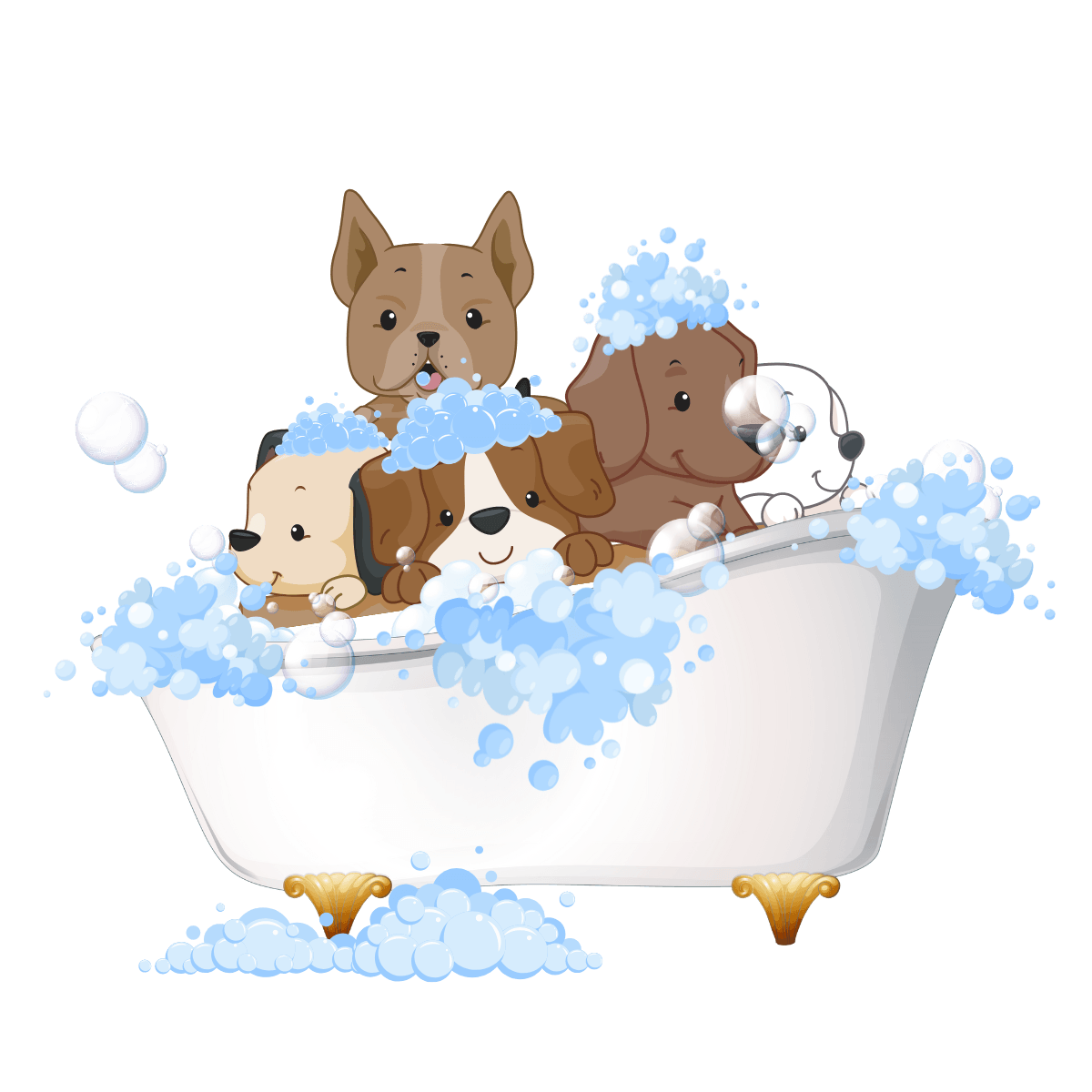 Four dogs in a white bathtub filled with blue bubbles; happy and playful.