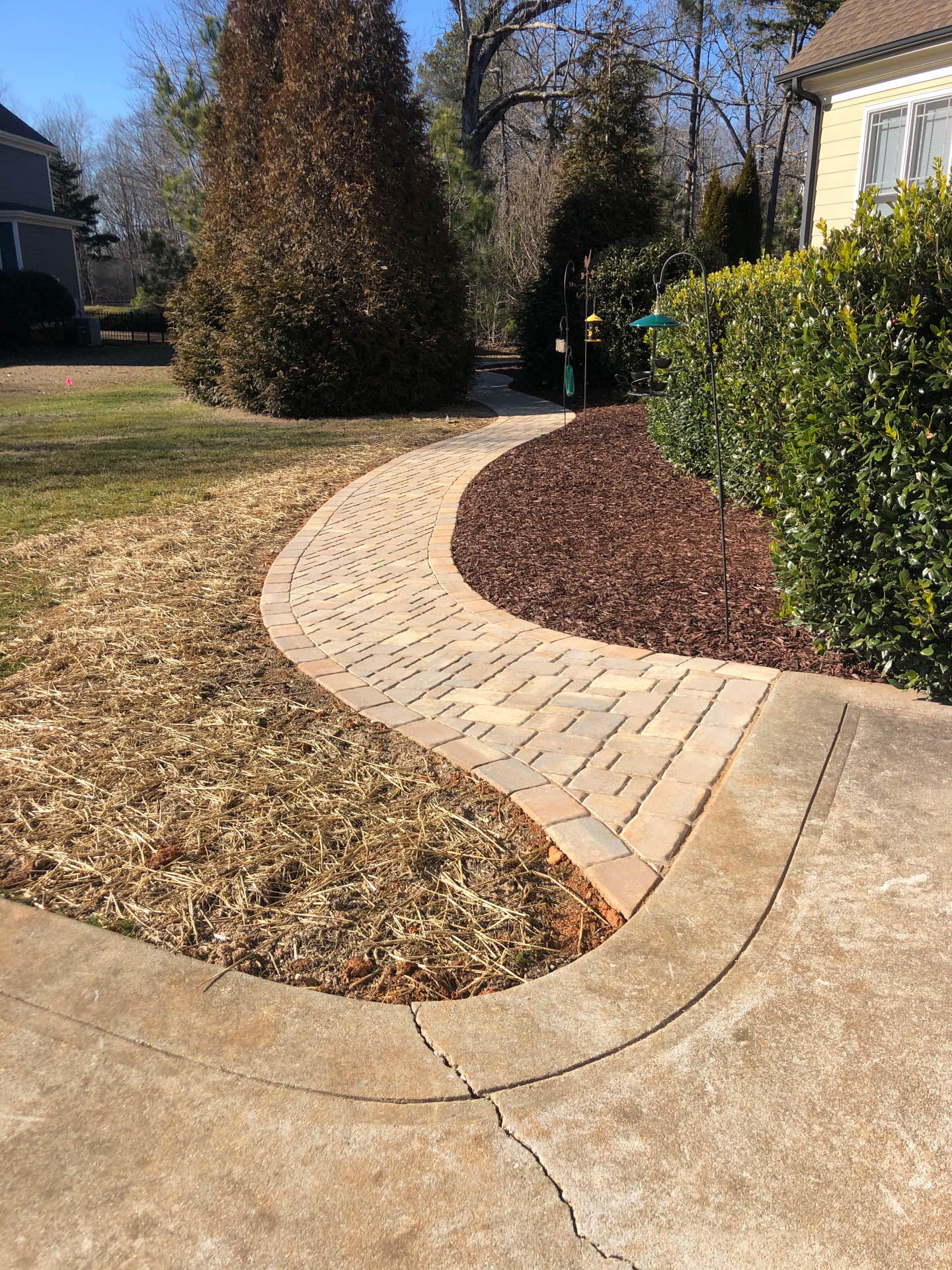 Brick walkway curving through a yard, bordered by brown mulch and a hedge.