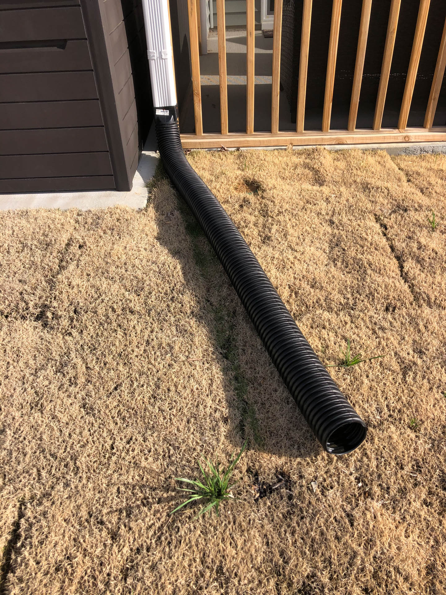 Black corrugated drain pipe extending from gutter to ground.