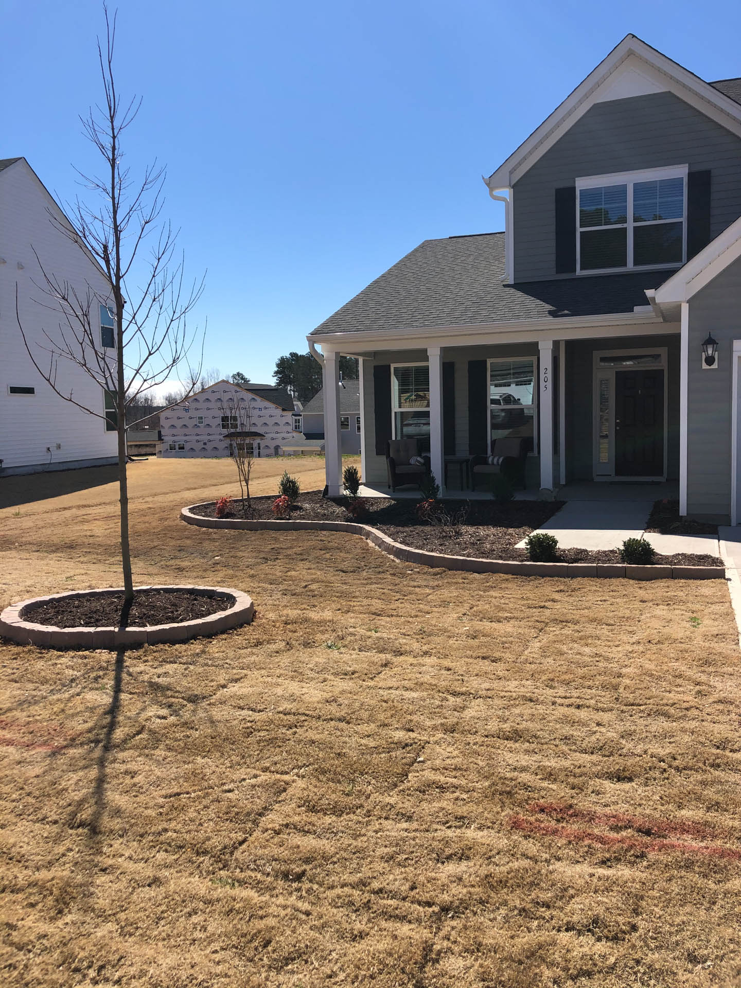 House exterior with brown grass lawn, flowerbeds, and a bare tree under a blue sky.