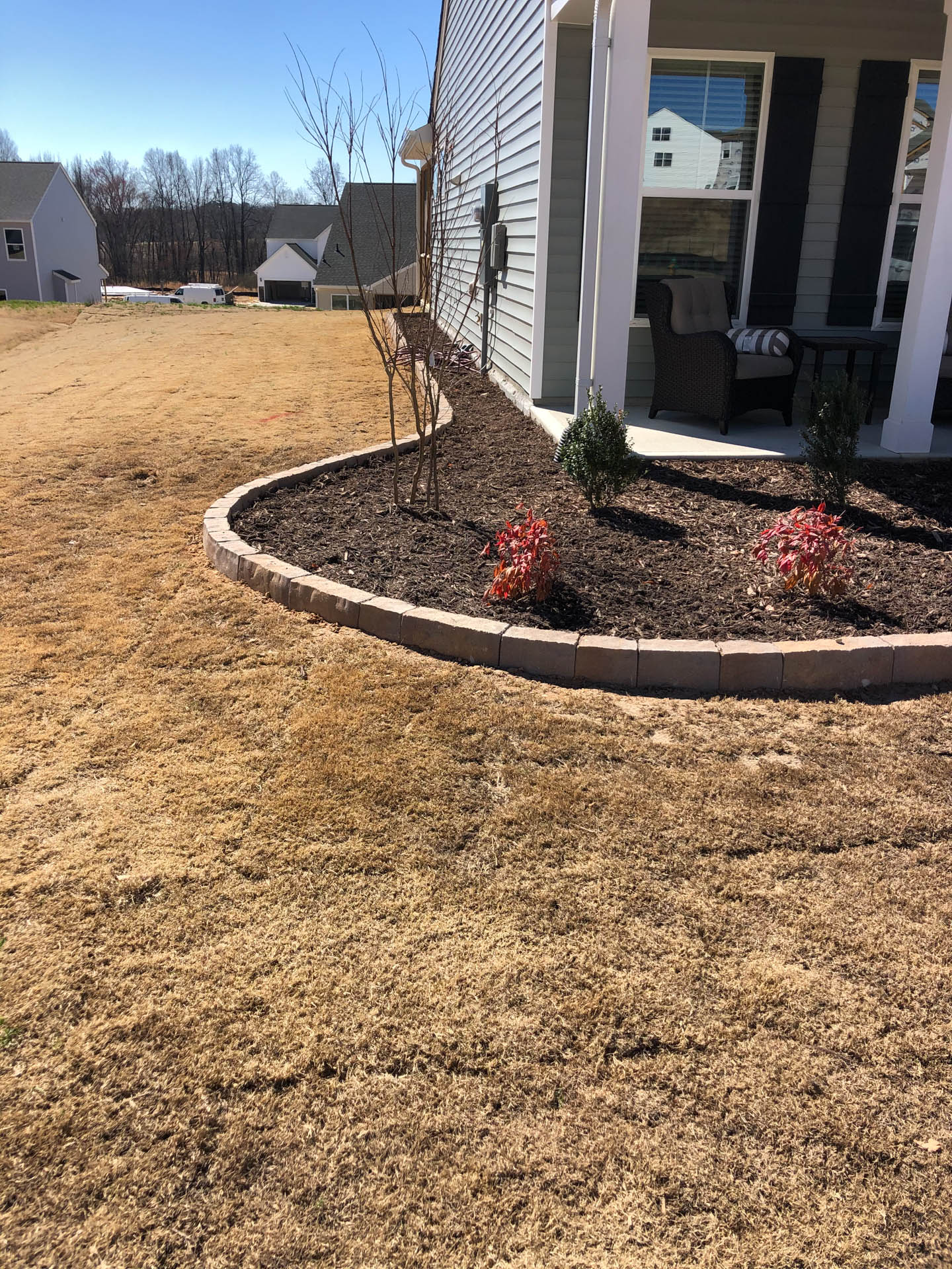 A house with brown grass lawn and a mulched garden bed with small plants.