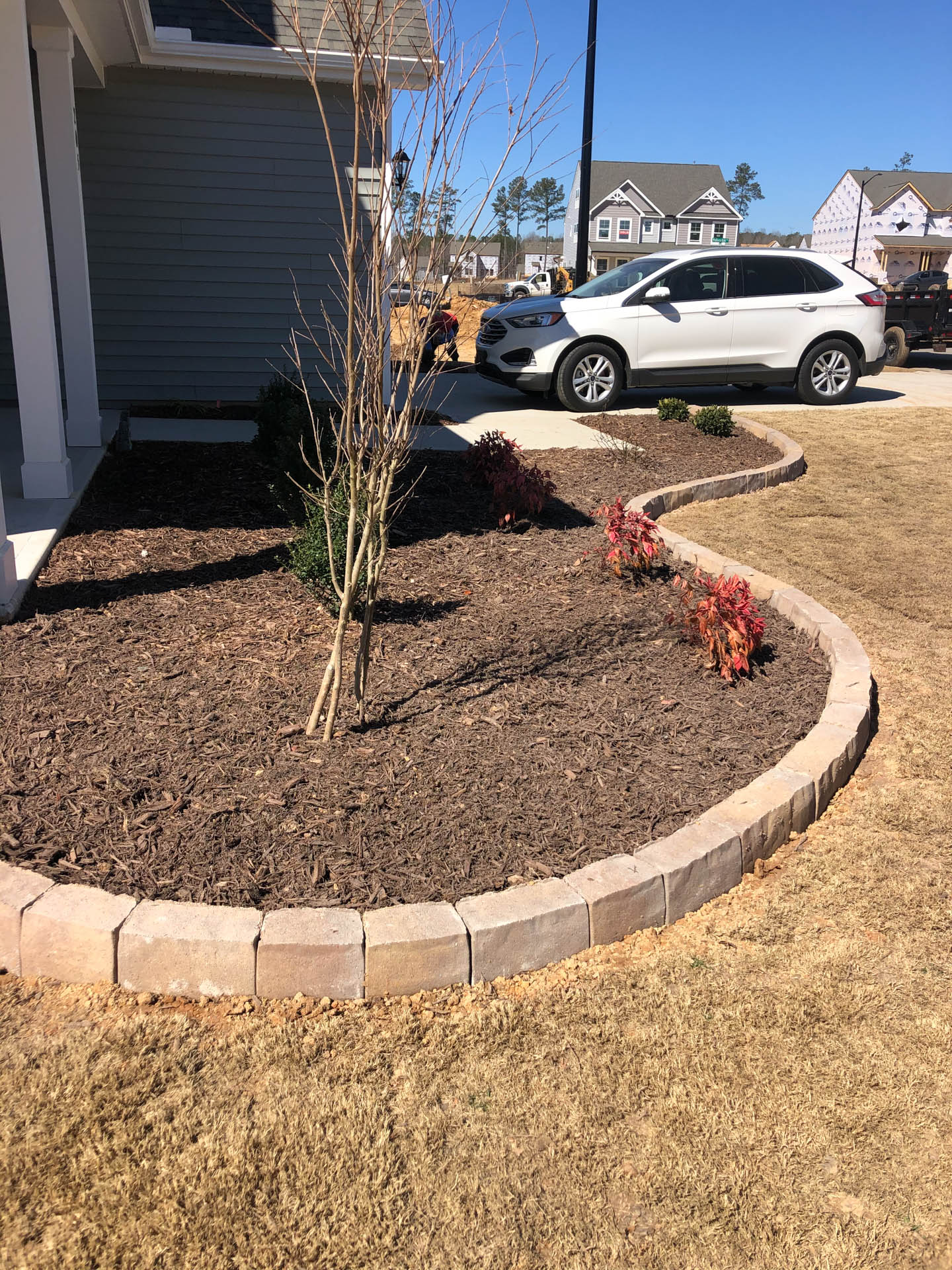 Landscaped flower bed with stone border in front yard; mulch, small plants, and a tree.
