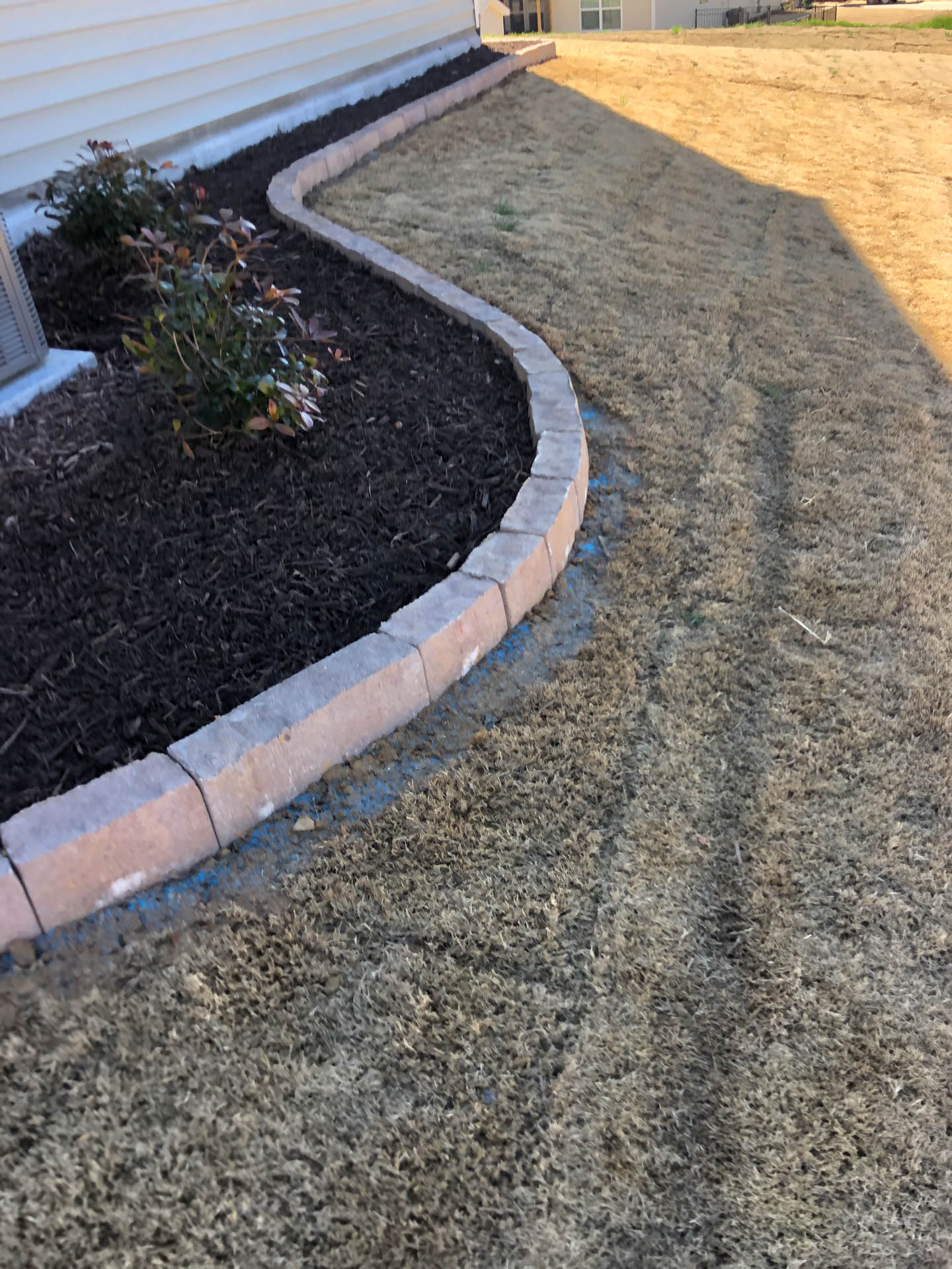 Brick border edging a mulch bed with plants, next to dry grass and a house exterior.