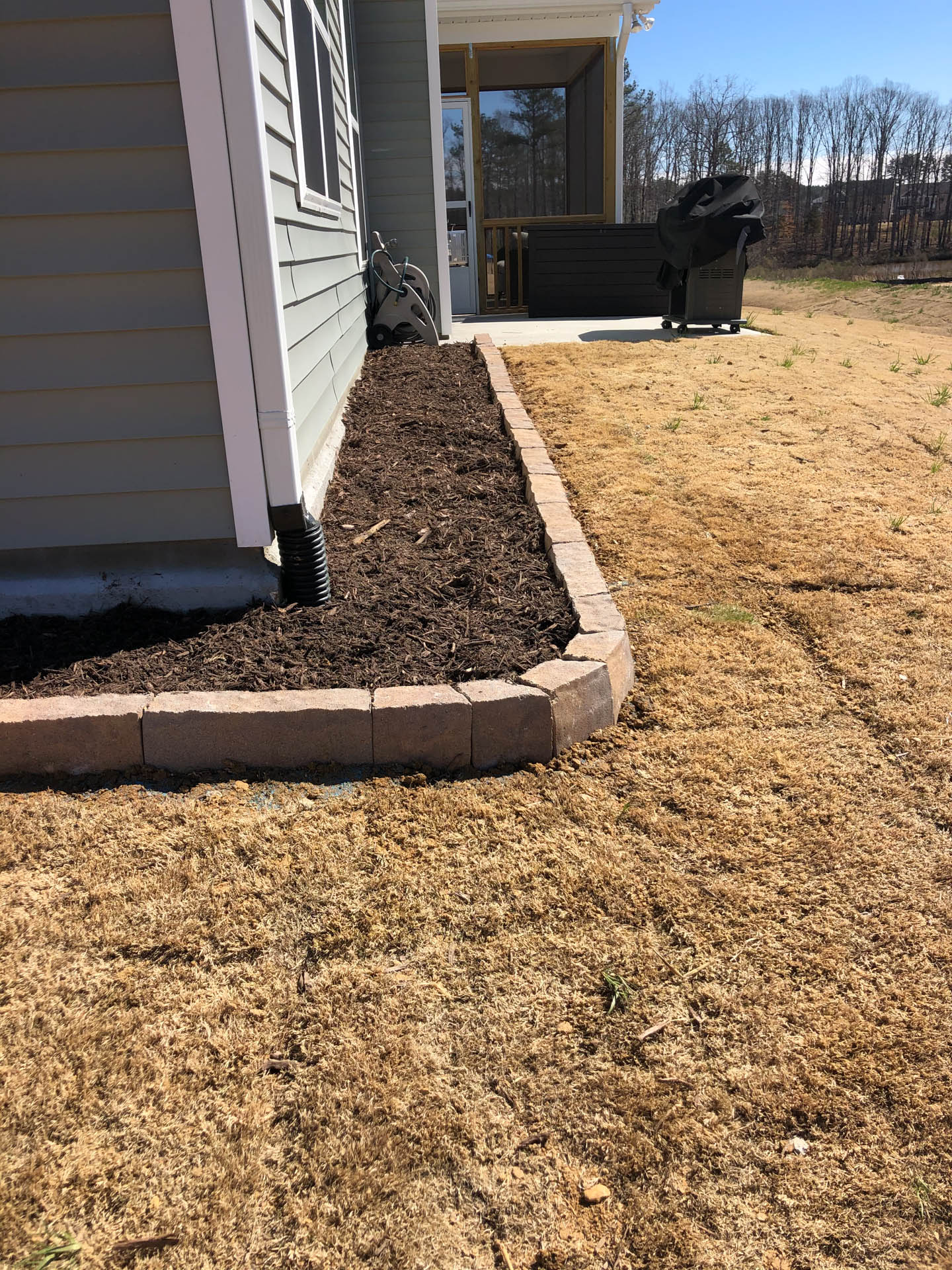 Mulch bed with a brick border next to a house, brown grass in the yard.