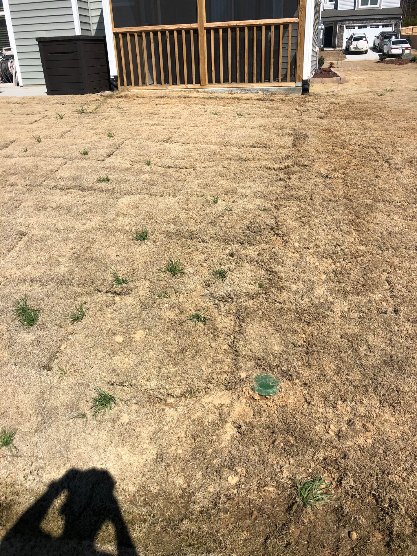 Brown, patchy lawn in front of a porch. Some sparse green grass appears.