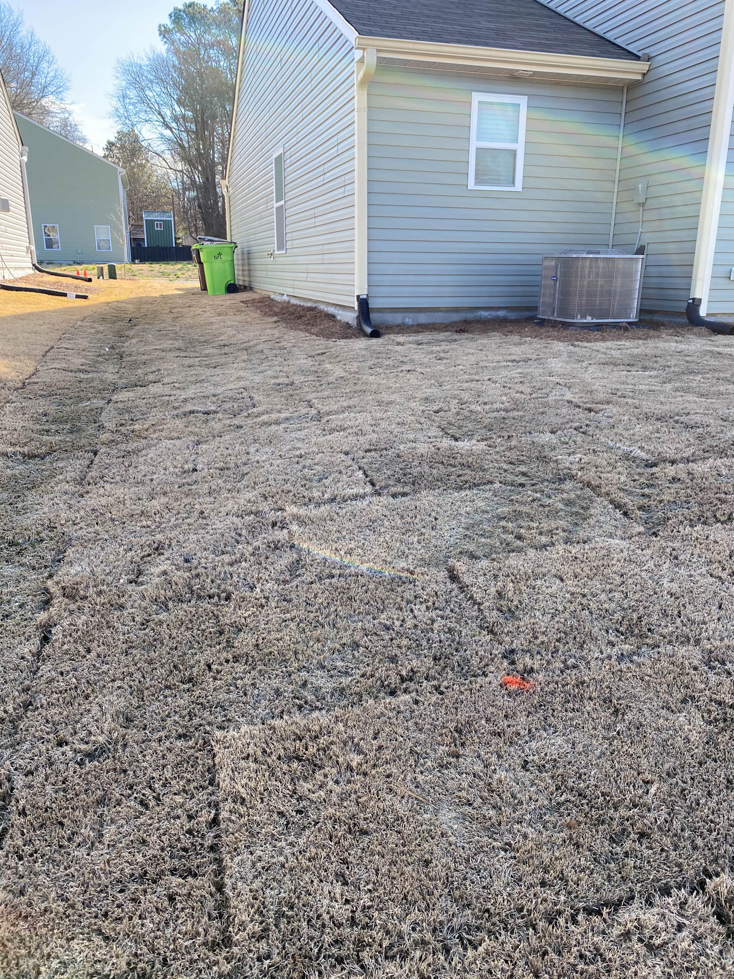A backyard with patchy brown grass, a green trash can, and a light blue house.