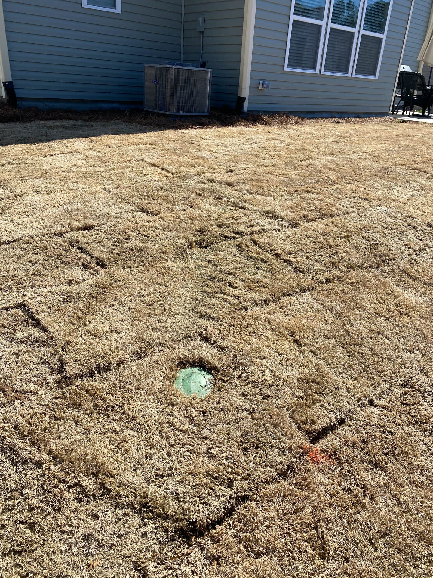Brown, patchy yard with a green sprinkler head in the center. House and AC unit in the background.