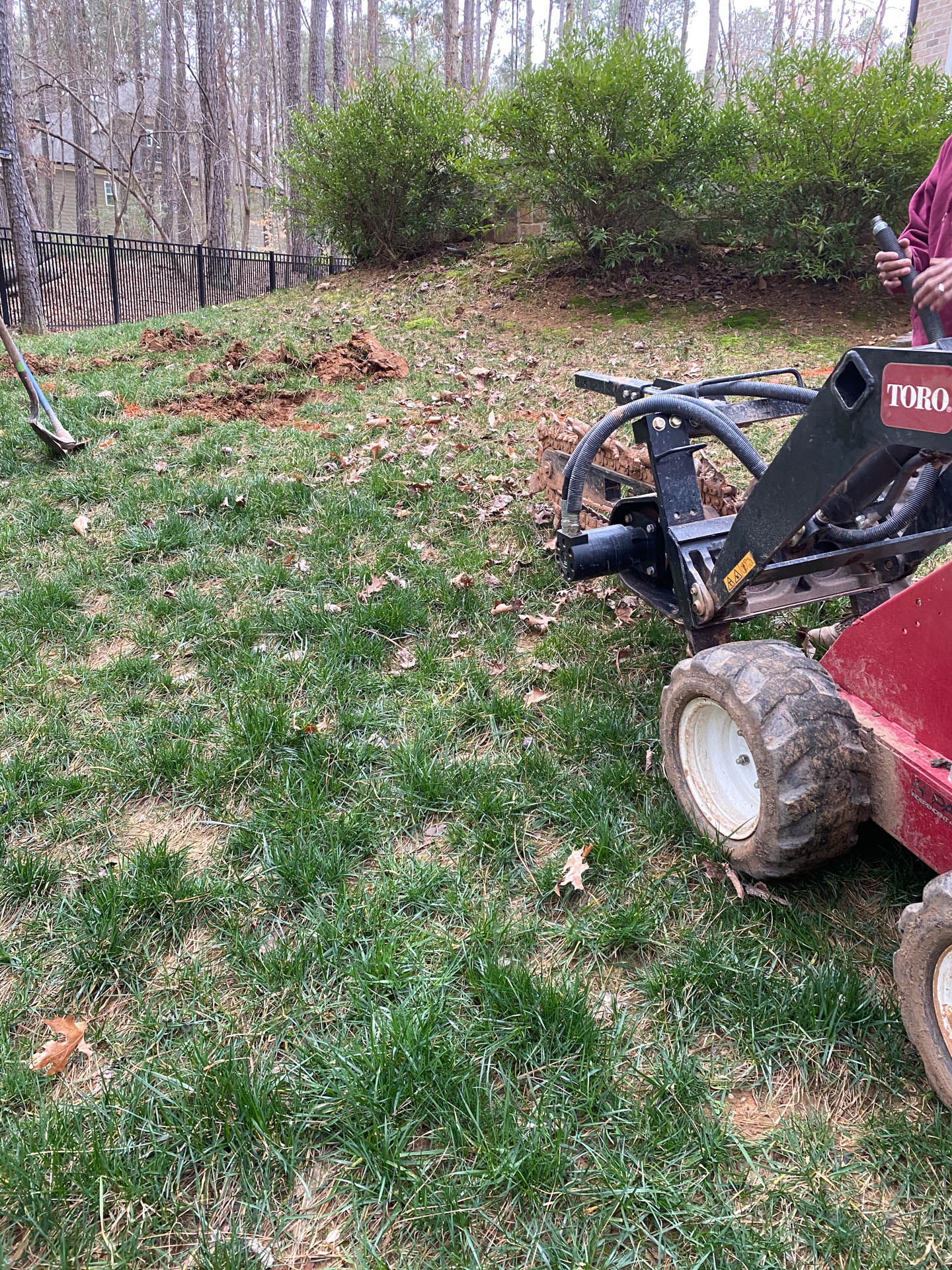 Red Toro Dingo machine working in a yard, removing soil and vegetation. Green grass, brown soil, bushes in background.