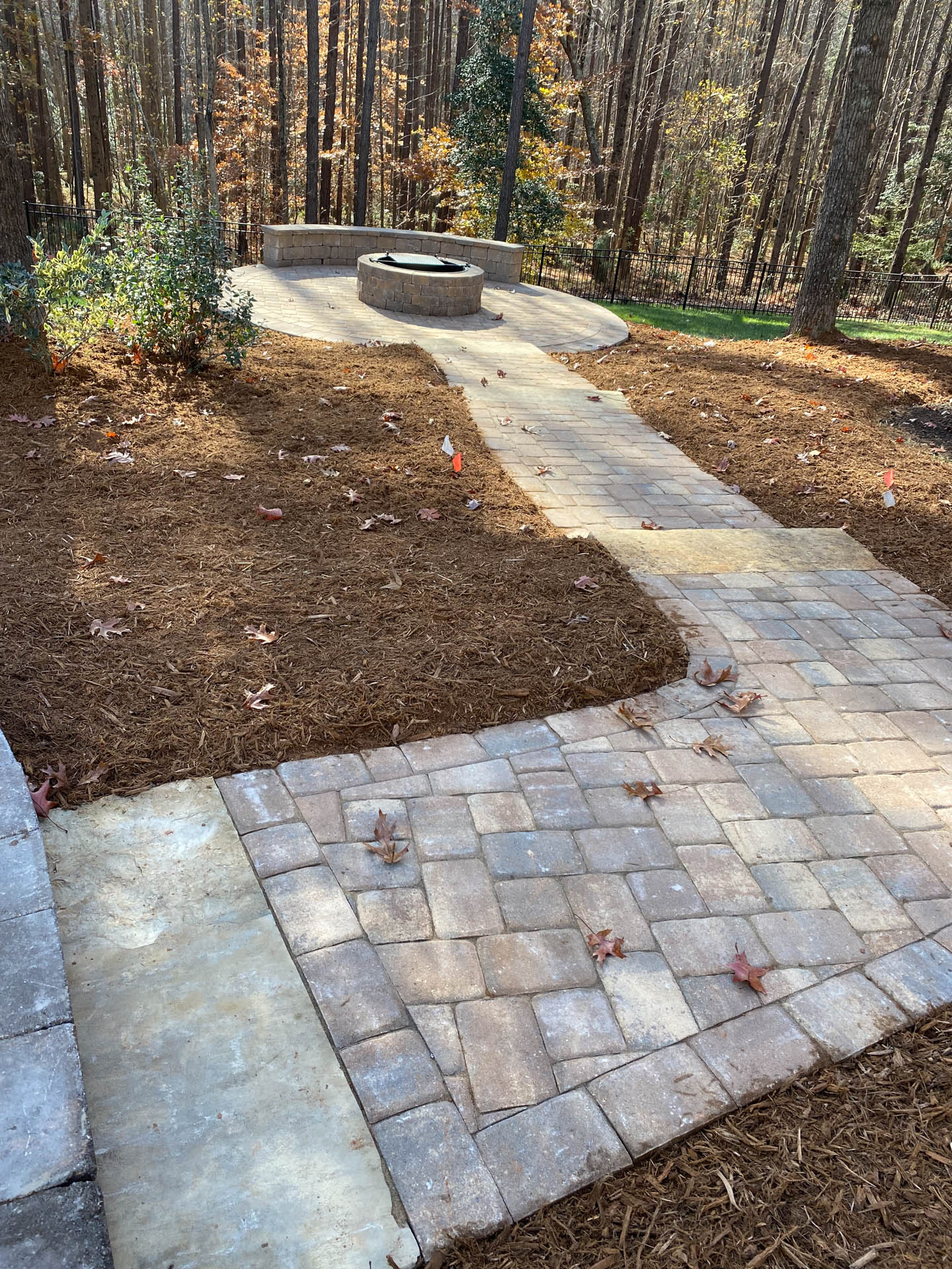 Stone pathway leads to a fire pit surrounded by trees, with mulch on either side.