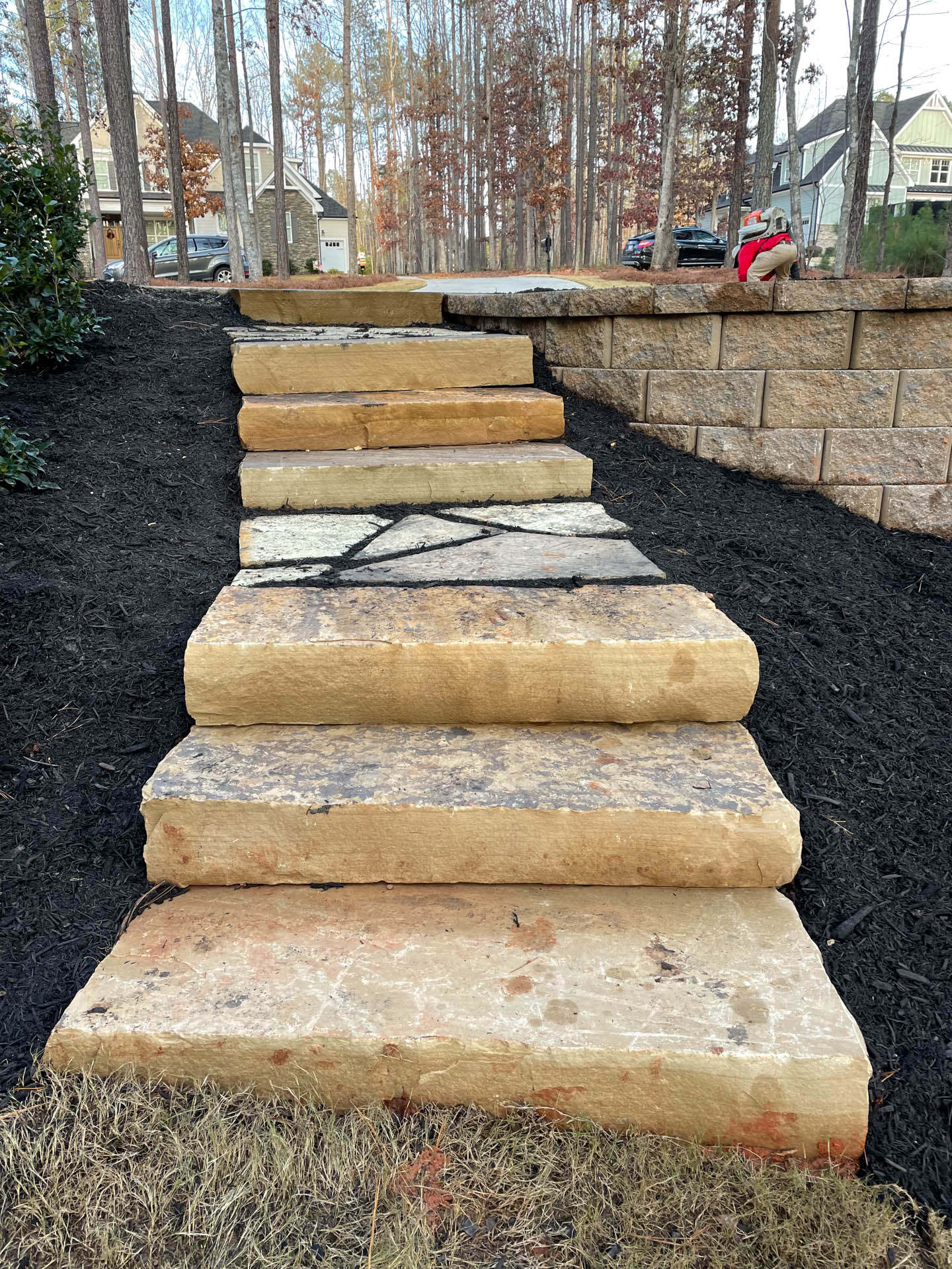 Stone steps leading up a sloped, mulch-covered hillside in a yard, trees in the background.
