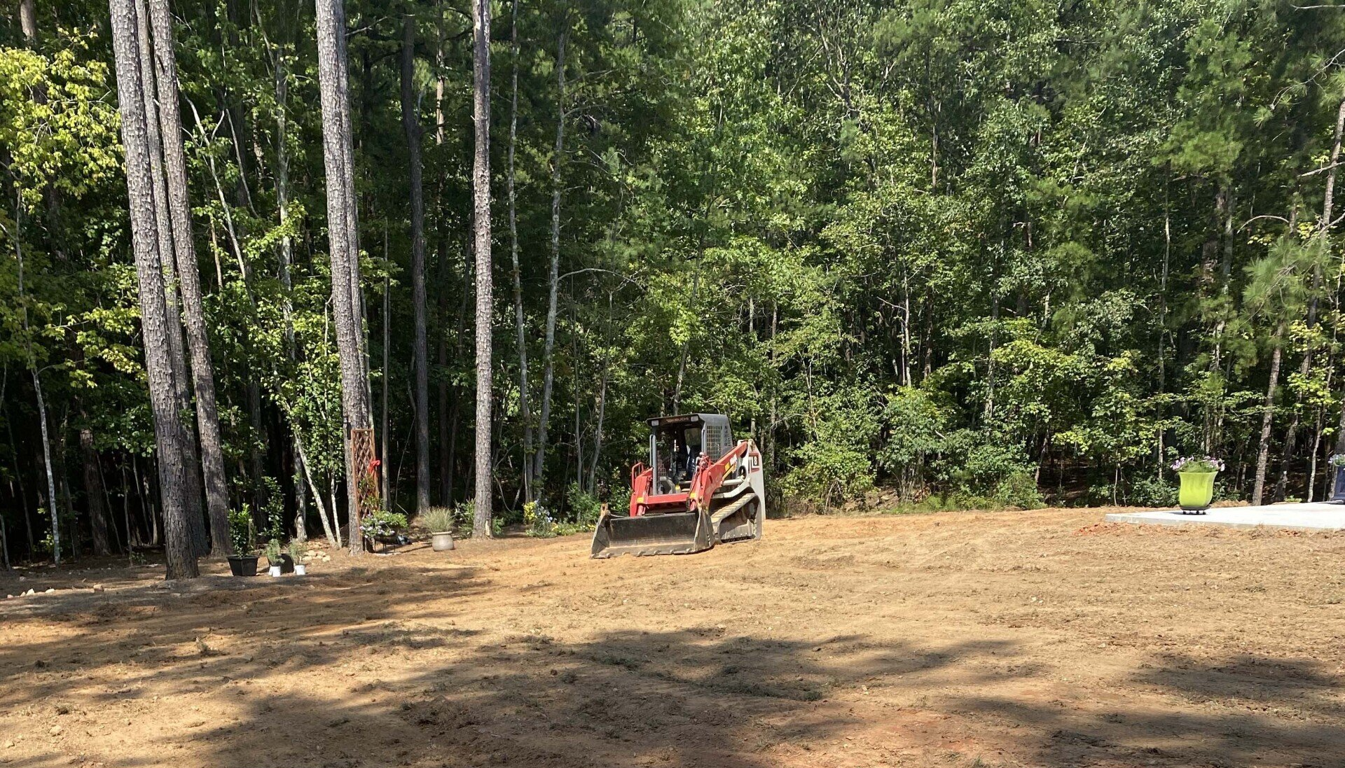 A red skid steer loader sits on a patch of cleared, dirt ground in front of a dense forest.