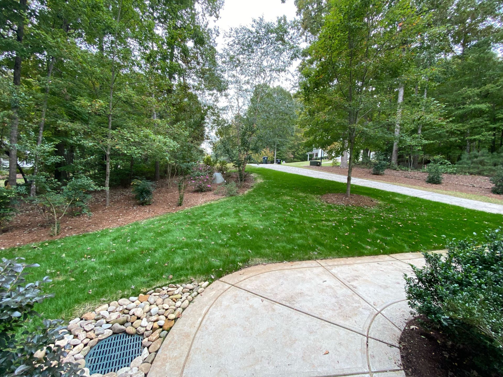 Green lawn leads to a paved path through trees. Stones border a curved concrete patio.
