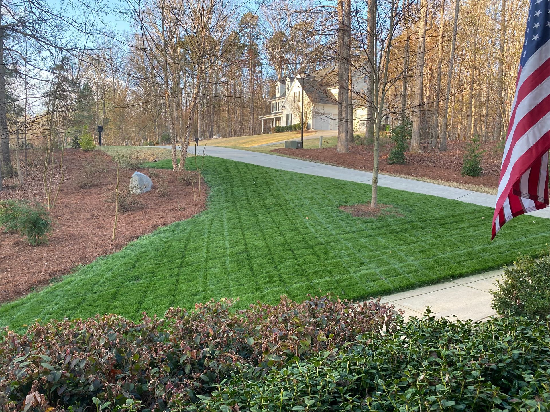 A freshly mown lawn with a cross-hatch pattern sits in front of a house, framed by trees and an American flag.