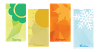 Four vertical panels representing the seasons: a green flower for Spring, yellow sun for Summer, orange leaf for Autumn, blue snowflake for Winter.