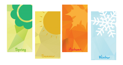 Four vertical panels representing the seasons: a green flower for Spring, yellow sun for Summer, orange leaf for Autumn, blue snowflake for Winter.