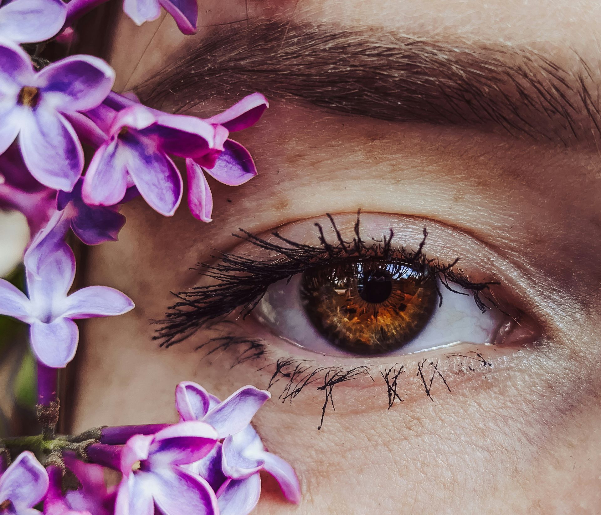 Close-up of a hazel eye framed by purple flowers and long eyelashes