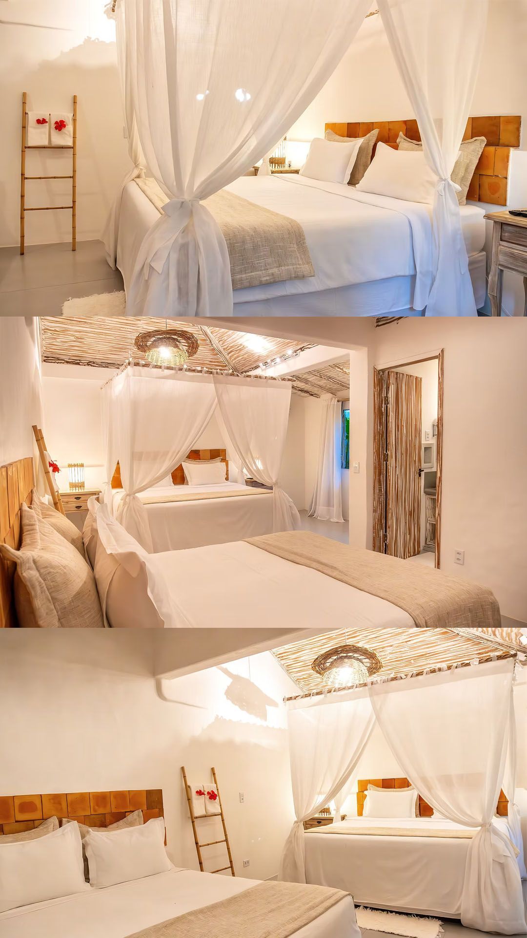 Quarto claro em tons creme com camas de dossel, cortinas translúcidas e lustre ornamentado.