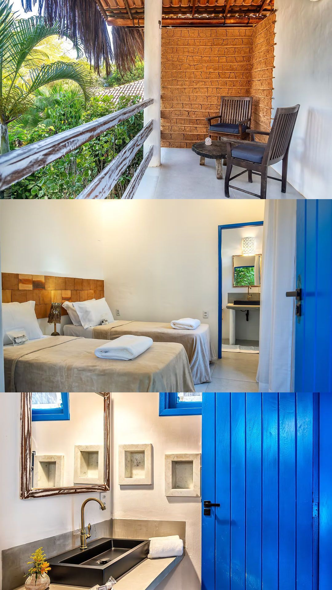 Quarto de hóspedes aconchegante com decoração tropical, cama, porta azul, pia pequena e cozinha americana junto à varanda.