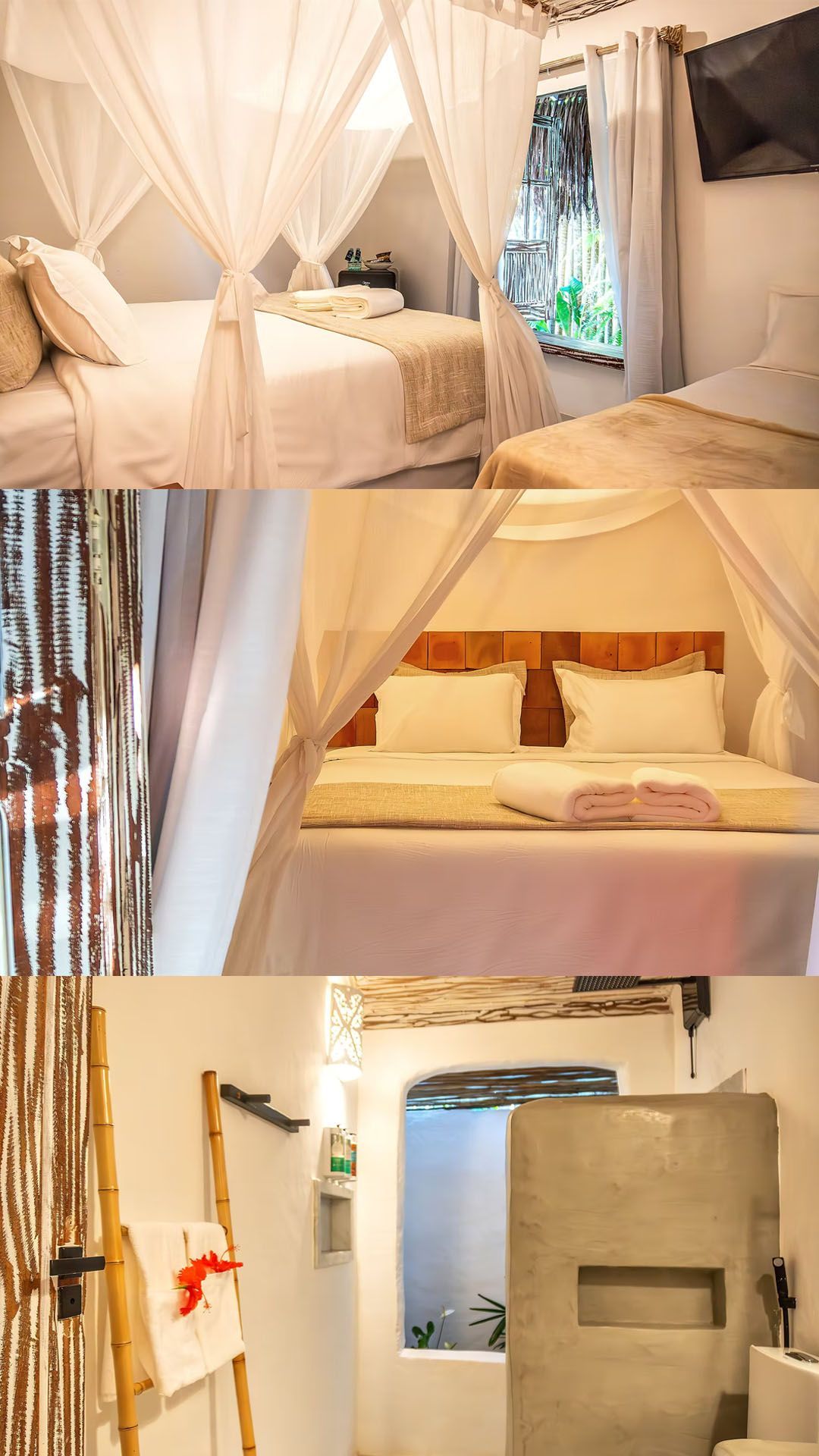 Quarto pequeno e aconchegante com cama de dossel branca, detalhes em madeira em tons quentes e pia de banheiro revestida com azulejos.