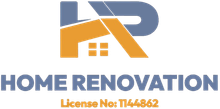 Logo for "Home Renovation." Blue and orange stylized "HR" symbol above text. License number T144862.