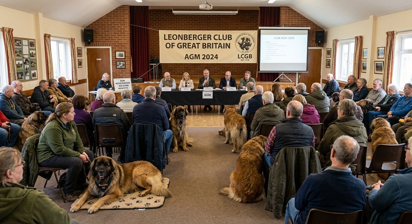 Community meeting in a hall with a panel onstage, audience seated, and several dogs lying on the floor.