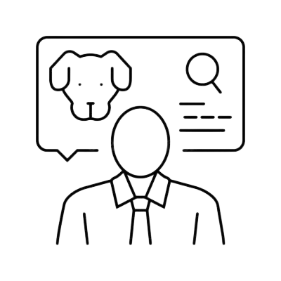 Person with speech bubble showing a dog icon and text, plus a search icon and lines for information.