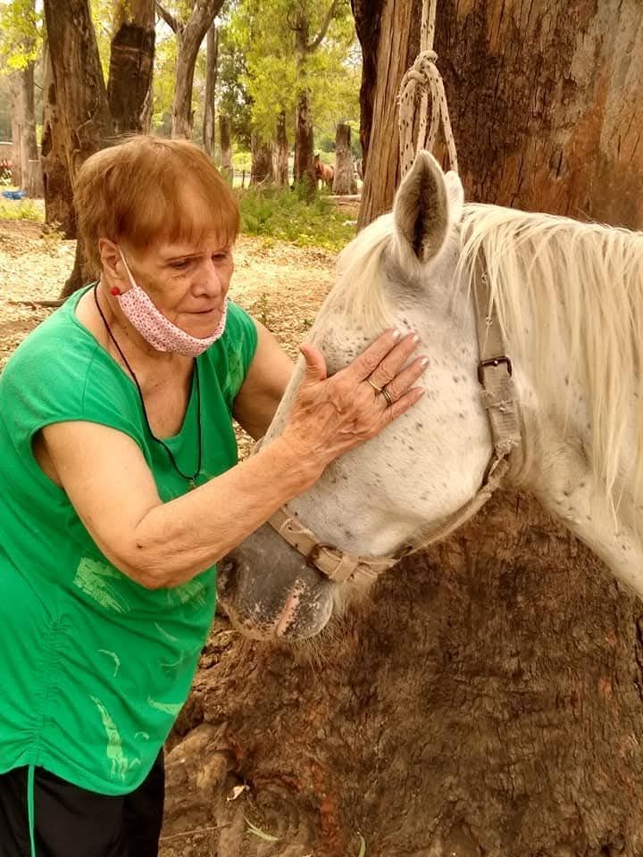 Mujer vestida de verde acariciando un caballo blanco junto a un árbol al aire libre.