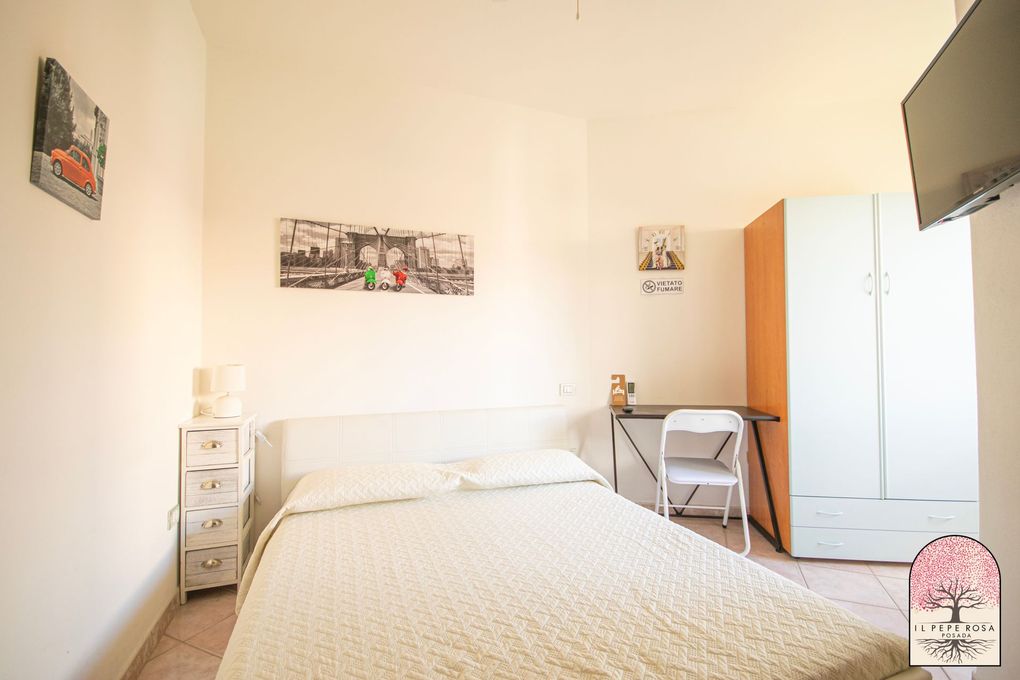 Una camera da letto con un letto, una scrivania, una sedia e una televisione.