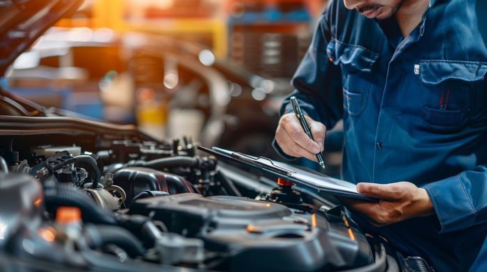 A mechanic is working on a car in a garage and looking at a clipboard.
