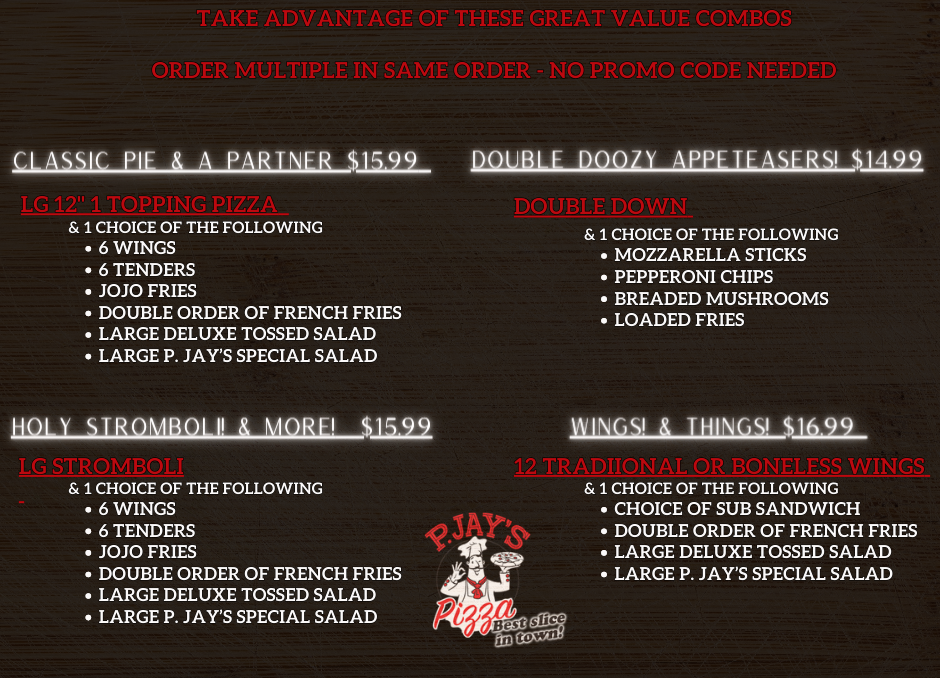 Menu board with food combo deals from PJ's, including pizza, wings, and appetizers.