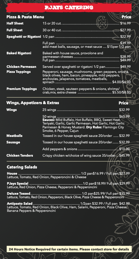 Menu with pizza, wings, appetizers, and salads, displayed on a black background.