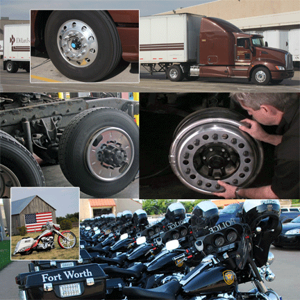 Collage: Semi-truck tires, a semi-truck, a person inspecting a tire, a motorcycle, and rows of police motorcycles.