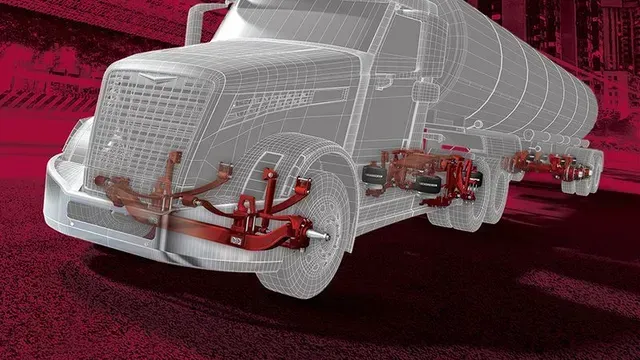 Wireframe of a red semi-truck showing suspension components on a red surface.