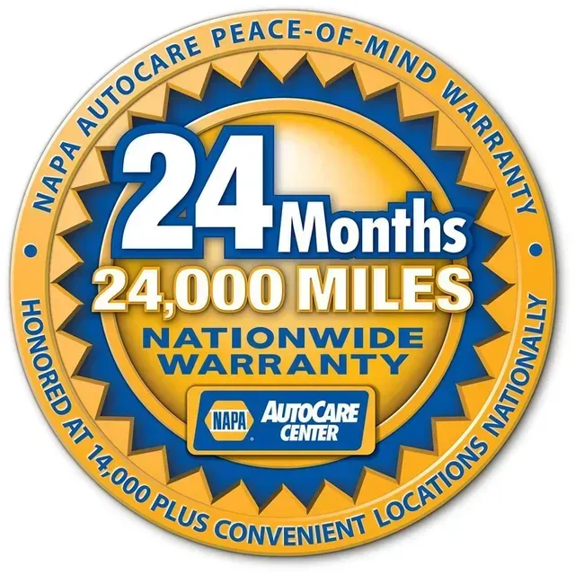 NAPA AutoCare warranty badge: 24 months, 24,000 miles, honored nationwide at 14,000 locations.
