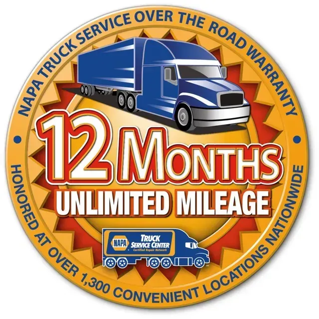 NAPA truck service warranty emblem: 12 months, unlimited mileage, honored at 1300+ locations nationwide.