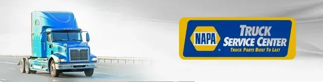 Blue semi-truck next to a NAPA Truck Service Center logo on a white and gray background.