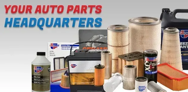 Auto parts display featuring filters, oil, and batteries.