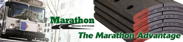 Marathon Brake Systems ad. A bus on a road with brake pads; green and white with text.