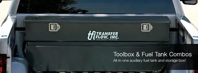 Black toolbox and fuel tank combo installed in a truck bed. The brand name Transfer Flow is visible.