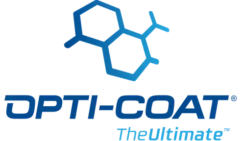 The logo for opti-coat the ultimate has a chemical structure on it.