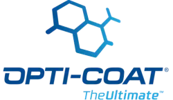 The logo for opti-coat the ultimate has a chemical structure on it.