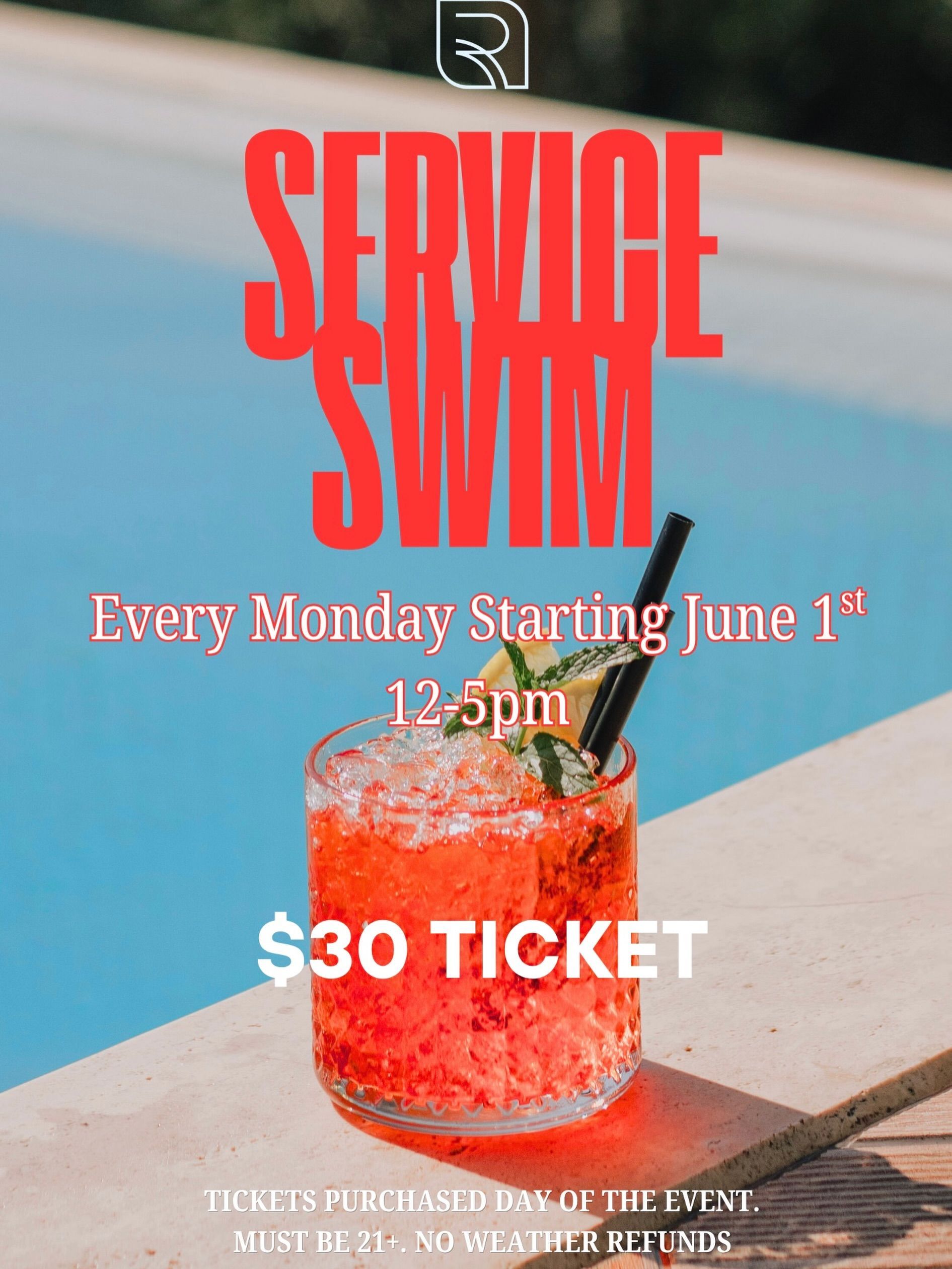 Poster for “Service Swim” with red text over a pool, showing weekly Monday events and a $30 ticket.