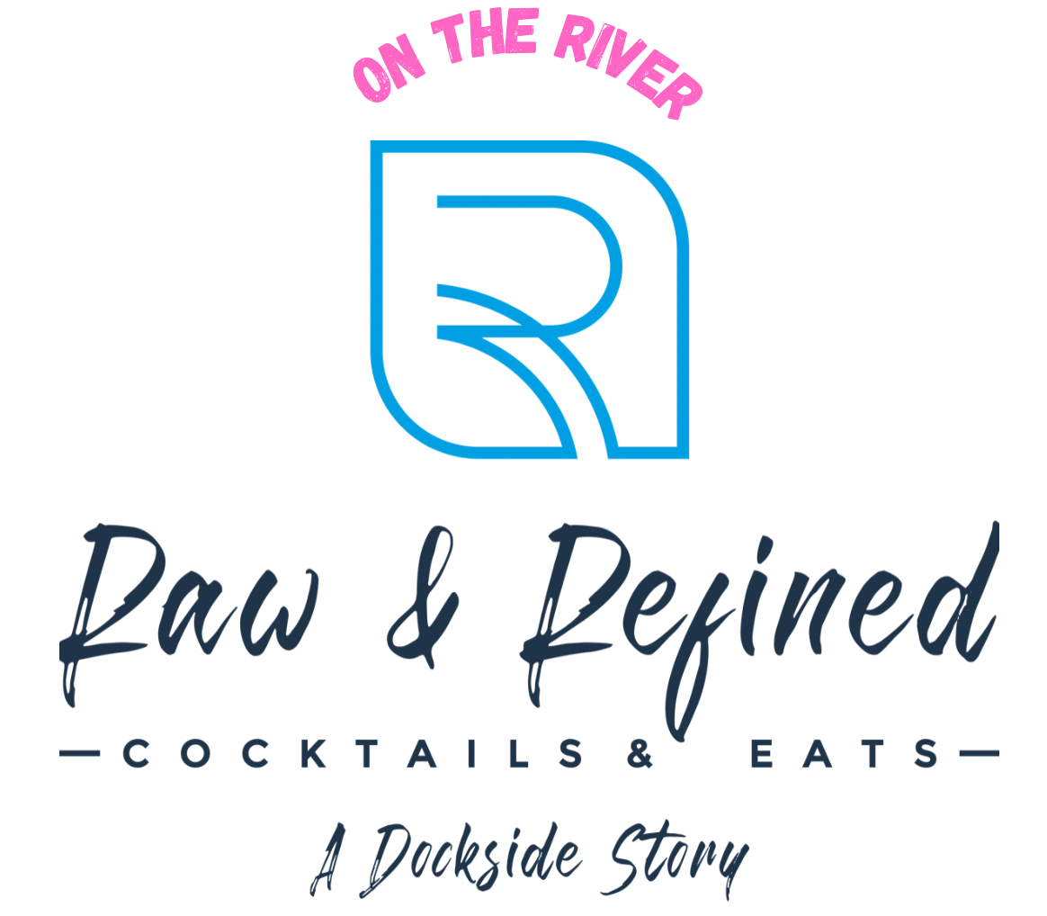 On the River Daw & Defined logo with blue 'R' graphic and pink script, “Cocktails & Eats — A Dockside Story”