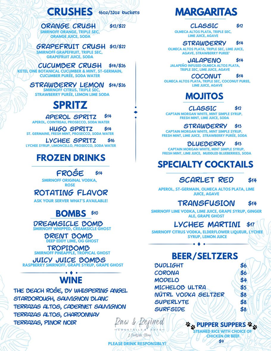 Raw and Refined cocktail menu with drink categories like crushes, margaritas, mojitos, wine, and beer/seltzers