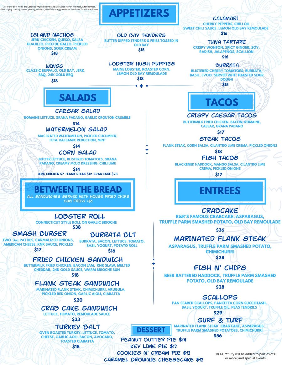 Raw & Refined menu with sections for appetizers, salads, tacos, sandwiches, and entrees.