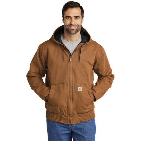 A man wearing a brown carhartt jacket with a hood