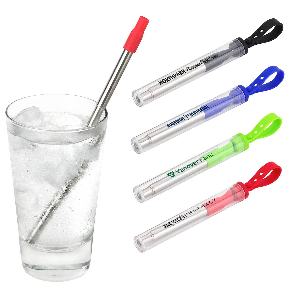 A stainless steel straw is in a glass of water