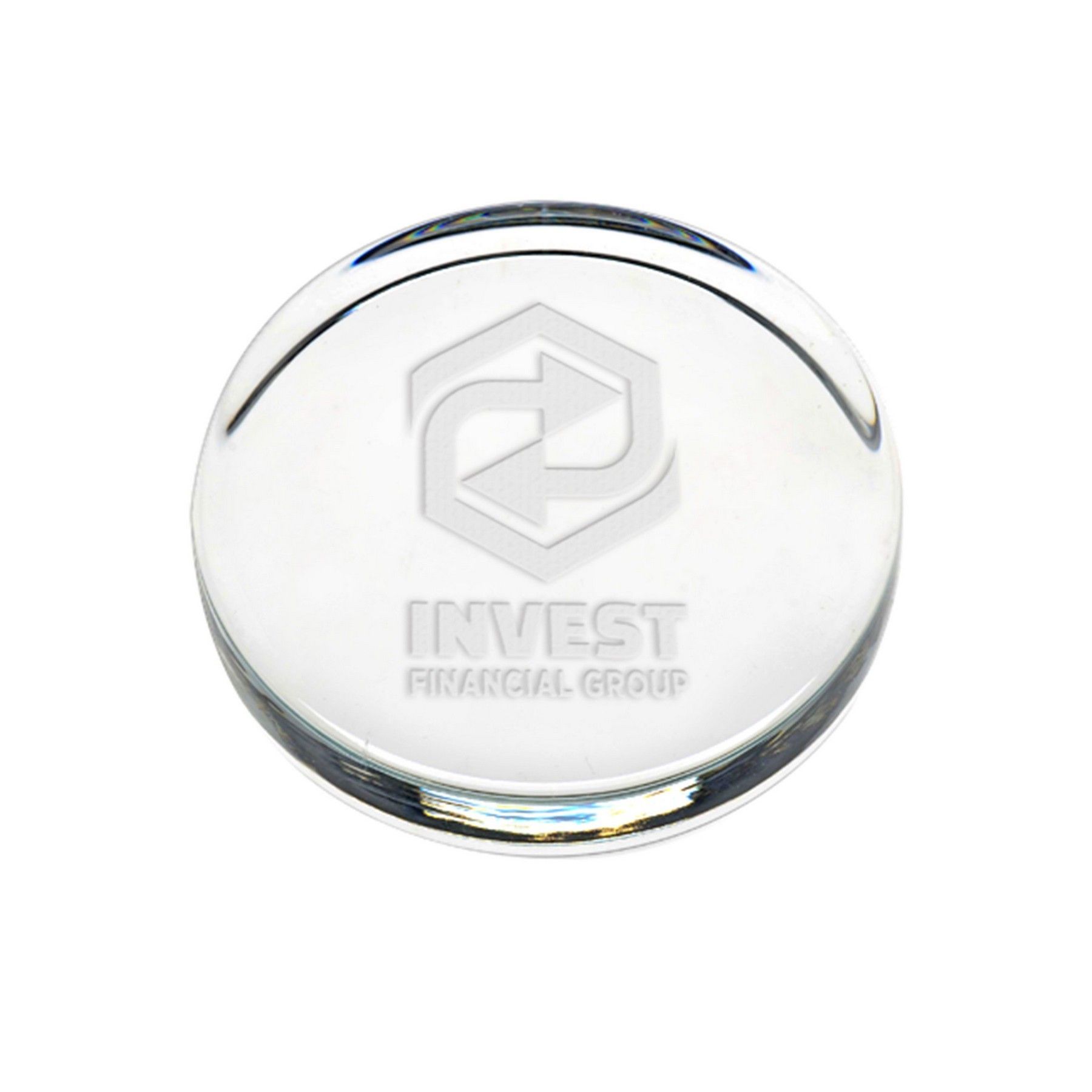 A clear glass ball with the word invest on it