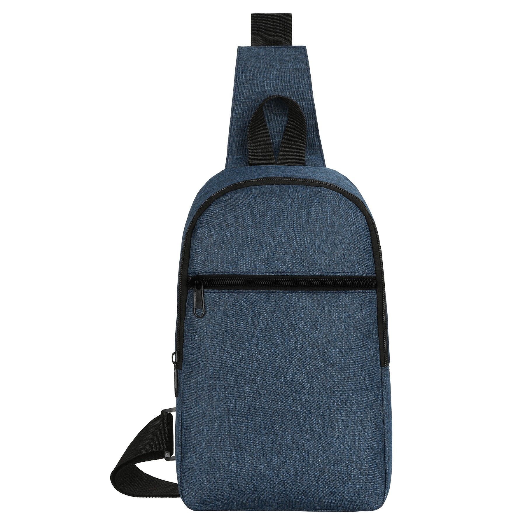 A blue sling bag with a black strap on a white background.